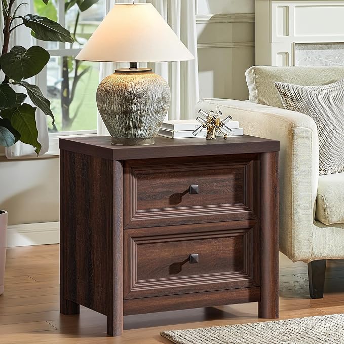 Farmhouse Walnut Night Stands Set of 2, Bedside Tables Nightstands with 2 Drawers Storage, 22.8" Large Rustic Wood Night Stand, Bed Side Table for Bedroom Living Room Sofa Couch Office