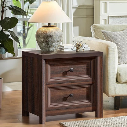 Farmhouse Walnut Night Stands Set of 2, Bedside Tables Nightstands with 2 Drawers Storage, 22.8" Large Rustic Wood Night Stand, Bed Side Table for Bedroom Living Room Sofa Couch Office