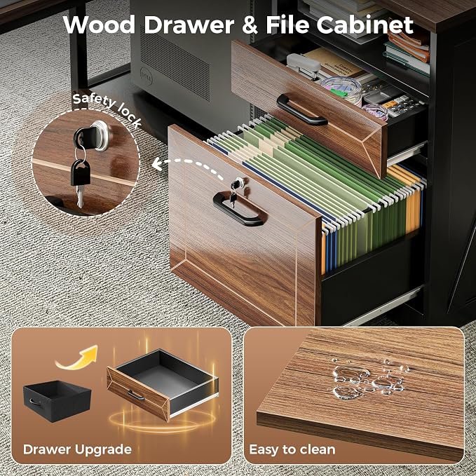AODK L Shaped Desk with Wooden Drawers & Locking File Cabinet, 61 Inch Large Executive Desk with Power Outlet, Led Computer Desk with Storage, Corner Office desk with Monitor Stand & CPU Stand, Walnut