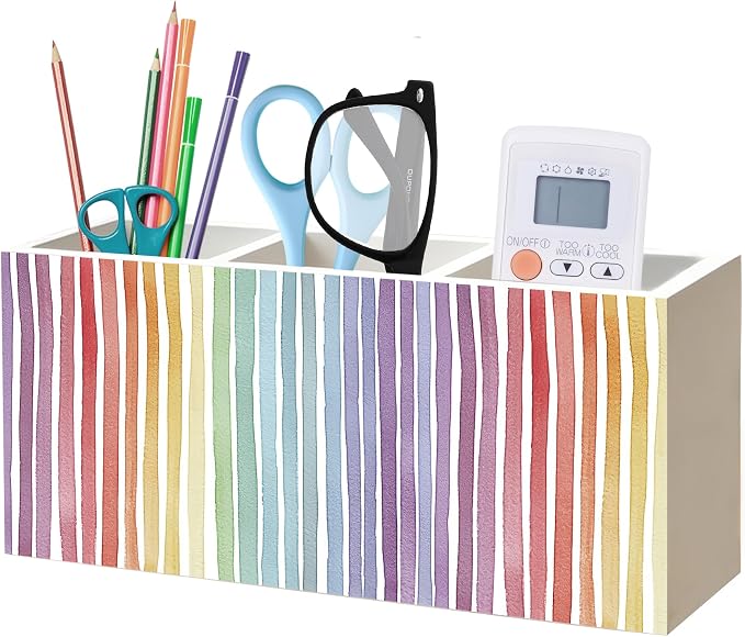 Boho Rainbow Striped Pen Pencil Holder Organizer for Office Classroom Desk Decor Accessories, Watercolor Colorful Rainbow Wood Signs Makeup Brush Toothbrush Holder for Bathroom Vanity