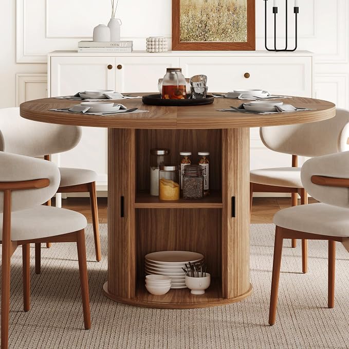 47 inch Round Dining Table for 4-6, Dinner Table with 2-Layer Storage Shelf, Morden Circle Kitchen Table with Wooden Strip Base and Wood Slide Door for Home Dining Room, Living Room, Chestnut