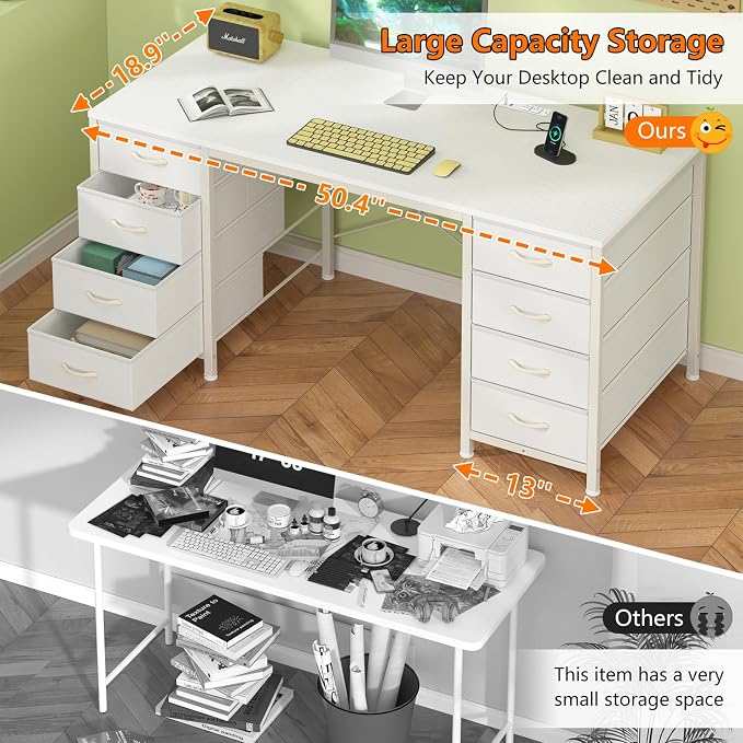 YOMILUVE 50 Inch White Computer Desk with 8 Drawers, Home Office Desk with Power Outlets, Work Study Gaming Desk with 8 Fabric Drawers, White