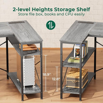 Huuger L Shaped Office Desk with Power Outlets, 47 Inch Computer Desk with 3 Drawers, Shelves, for Gaming, Corner Work, Home Office, Study, Grey