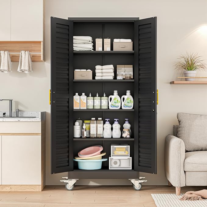 71’’H Metal Garage Storage Cabinet with Wheels, Metal Storage Cabinet with Louvered Doors, Rolling Tool Cabinet with Adjustable Shelves, Large Utility Cabinet for Office,Garage,Kitchen（Black）