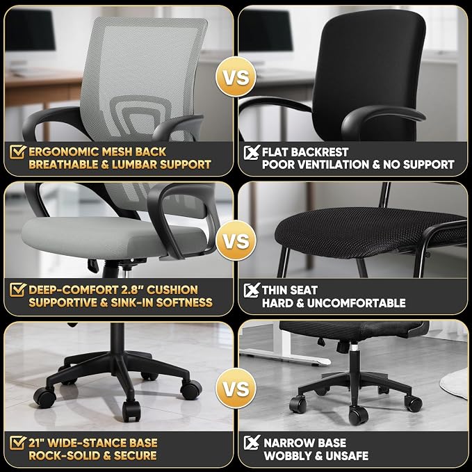 Magshion Ergonomic Office Desk Chair, Mid-Back Mesh Computer Chair, Swivel Chair with Breathable Backrest & Lumbar Support, Adjustable Height for Gaming, Work, Study, 300 Lbs Capacity, Light Gray