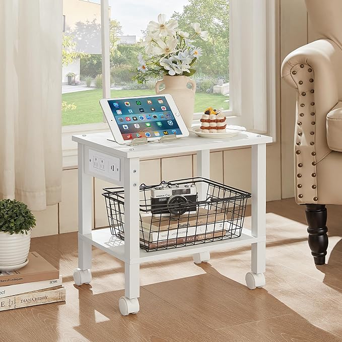 YUFAM 2 Tier Under Desk Printer Stand with Storage, Small Printer Table with Charging Station, Rolling Printer Cart Shelf with Lockable Wheels for Home, Office (White)