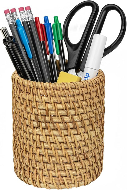Wicker Rattan Pencil Holder, Cylindrical Desk Organizer Cup, Natural Brown, for Office, Vanity, Kitchen, 1-Pack