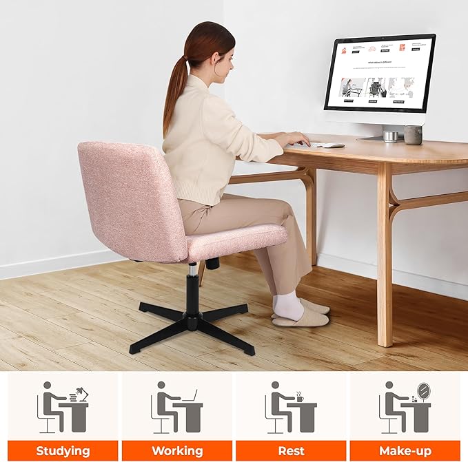 NEO Chair Criss Cross Chair No Wheel Vanity Desk Chair Wide Armless Cross Legged Office Comfy Makeup Adjustable Computer Task for Home Office Fabric (Pink)