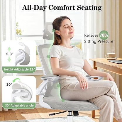 BESTFAIR Office Chair Ergonomic Desk Chair, Breathable Mesh Office Chairs with Adjustable Lumbar Support, Flip-Up Arms, Computer Desk Chair Comfy for Home Office, Light Gray