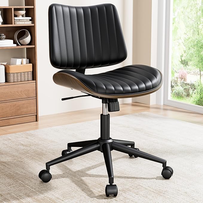 Modern Walnut Armless Office Chair with Wheels - Ergonomic Curved Back Adjustable Swivel Chair for Small Space, Silent Rolling Casters & 330lbs Capacity, Perfect for Home Office/Meeting Room, Black