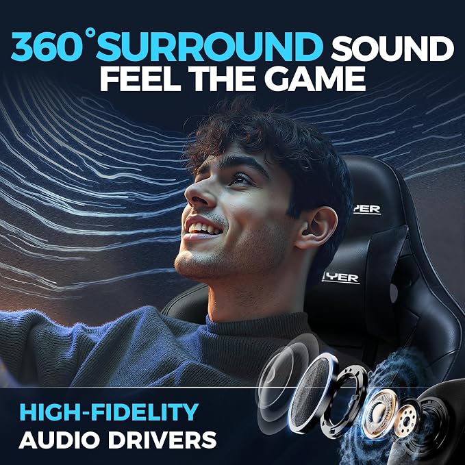 GTPLAYER Gaming Chair with Speakers, Video Game Chairs with Footrest for Adults, Ergonomic Computer PC Gamer Reclining Chair(Dark-Black)