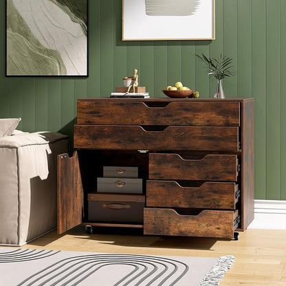File Cabinet, 5 Drawer Filing Cabinet with Door, Mobile Storage Organizer, Wooden Printer Stand on Wheels for Study Home Office Living Room (Rustic Brown)