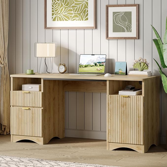 Bestier 59 inch Computer Desk with 2 Drawers, Office Desk with Storage File Cabinet and 2 Open Storage Shelves, Modern Fluted Executive Desk for Home Office Bedroom, Natural Oak