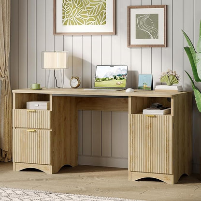 Bestier 59 inch Computer Desk with 2 Drawers, Office Desk with Storage File Cabinet and 2 Open Storage Shelves, Modern Fluted Executive Desk for Home Office Bedroom, Natural Oak