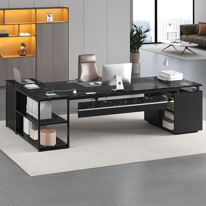 78" Executive Desk with Lockable File Cabinet, L Shaped Office Desk with Power Outlets, Large Executive Desk with Drawers and Storage Shelves, Reversible Computer Desk, Marble Grain