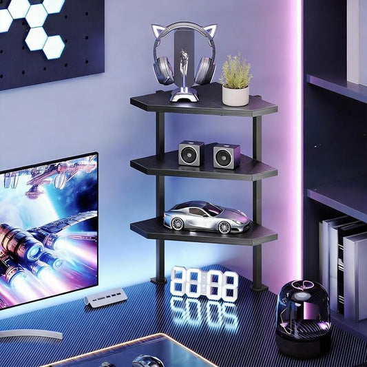 MAHANCRIS Clamp on Desk Corner Organizer, 3-Tier Desktop Shelf, Adjustable Desk Corner Storage Shelf with Metal Frame, for Office, Game Room, Black DSBK5501