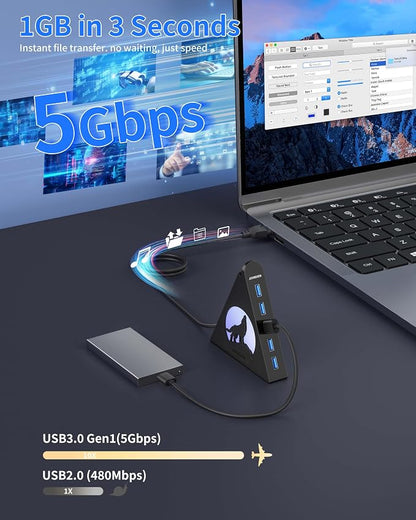 7-Port USB 3.0 Hub, Vertical USB Hub Splitter with RGB Lighting,5Gbps High-Speed Data Transfer and 2FT Extension Cable, Compatible with PC, MacBook, Laptop, PS5, Xbox, Flash Drive, Printer