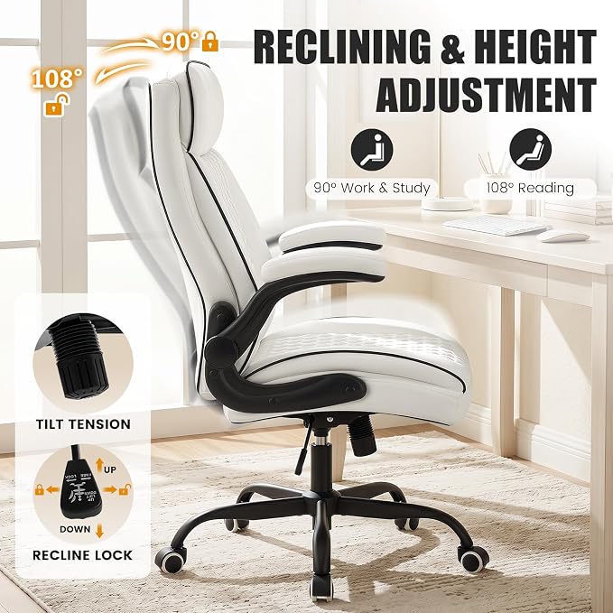 White Office Chair 400lbs, Modern Executive Desk Chair with Lumbar Support, Comfortable Computer Chair with Flip-up Armrests, Adjustable Height Swivel Reclining Chair for Home Office, Faux Leather