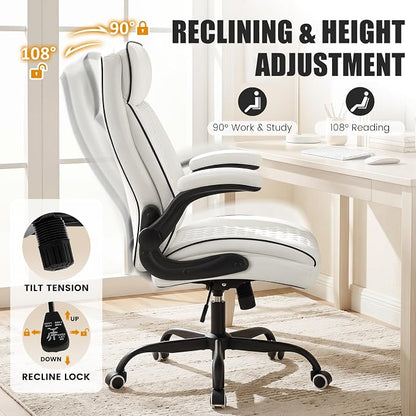 White Office Chair 400lbs, Modern Executive Desk Chair with Lumbar Support, Comfortable Computer Chair with Flip-up Armrests, Adjustable Height Swivel Reclining Chair for Home Office, Faux Leather