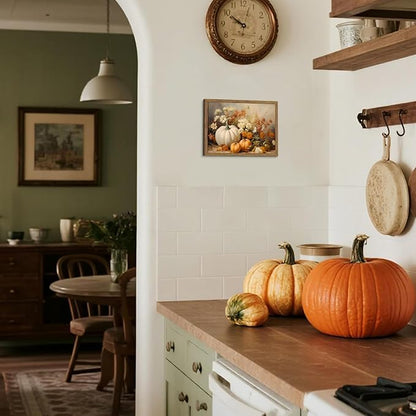 Framed Fall Pumpkin Wall Art - White Pumpkin and Autumn Floral Canvas Print, Rustic Farmhouse Harvest Halloween Thanksgiving Wall Decor for Living Room Bedroom Dining Room, 8x10in Wood Frame