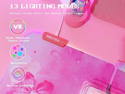 JMIYAV RGB Cherry Blossom Gaming Mouse Pad Pink 31.5x12 Inch PC XL Large Extended Glowing Led Light Up Desk Pad Non-Slip Rubber Base Computer Keyboard and Mouse Pad Cute Mousepad