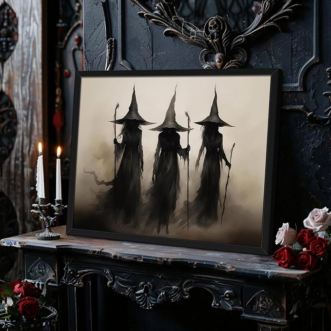 Framed Vintage Witch Canvas Wall Art - Halloween Witchy Wall Decor - Gothic Decor Aesthetics, Creepy Three Witches Rustic Macabre Dark Artwork Prints for Living Room Bedroom 12x16 inch