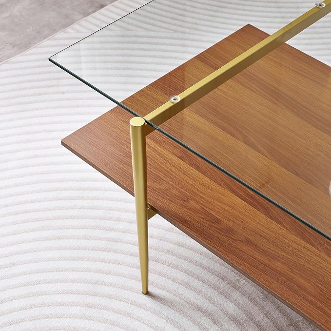 LumFurn X-Large Rectangle Glass Coffee Table, Mid-Century Modern Design for Living Room, L47xW24xH17 inch, 2-Tier Structure, Clear Glass Top and Walnut MDF Shelf, Conical Metal Legs with Gold Finish