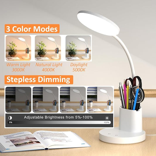 Desk Lamp, LED Desk Lamps for Home Office, Touch Table Lamp with 3 Color Modes 360° Adjustable Arm, Dimmable Desk Light with Pen Phone Holder for College Dorm, White