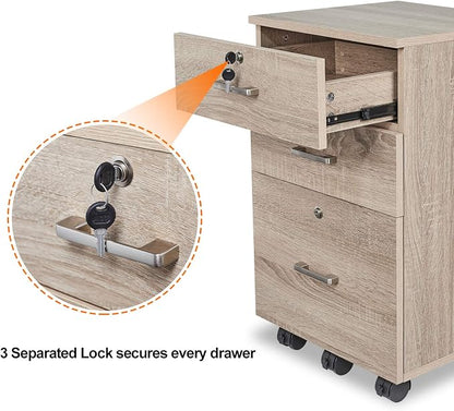 Bonnlo 26"H 3 Drawer File Cabinet with Lock, Rolling File Cabinet Under Desk, Mobile File Cabinets for Home Office, Wood File Cabinet Printer Stand for Letter Size File Folders, Assembly Required, Oak