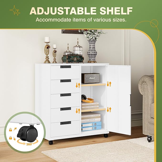 5-Drawer Metal Storage Cabinet with Adjustable Shelves and Wheels, Printer Stand with Storage, Craft Organizers and Storage Drawers, Rolling File Cabinets for Home Office(White)