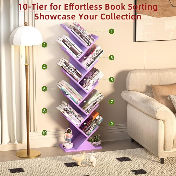 10 Tier Tree Book Shelf, Floor Standing Wood Bookshelf for Narrow Space, Storage Organizer Bookshelves for Books/CDs/Magazine, Bookcase with Shelves for Home Office, Living Room-Dream Purple