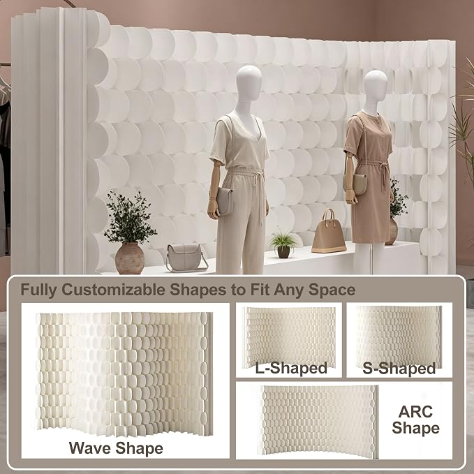 3D Scallop Textured Room Divider, Freestanding Privacy Screen, Modern Accordion Folding Kraft Paper Partition, No Drill, Portable Room Separator for Home, Office, Studio & Salon, White