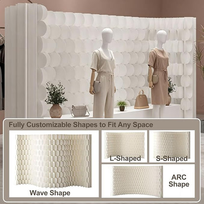 3D Scallop Textured Room Divider, Freestanding Privacy Screen, Modern Accordion Folding Kraft Paper Partition, No Drill, Portable Room Separator for Home, Office, Studio & Salon, White