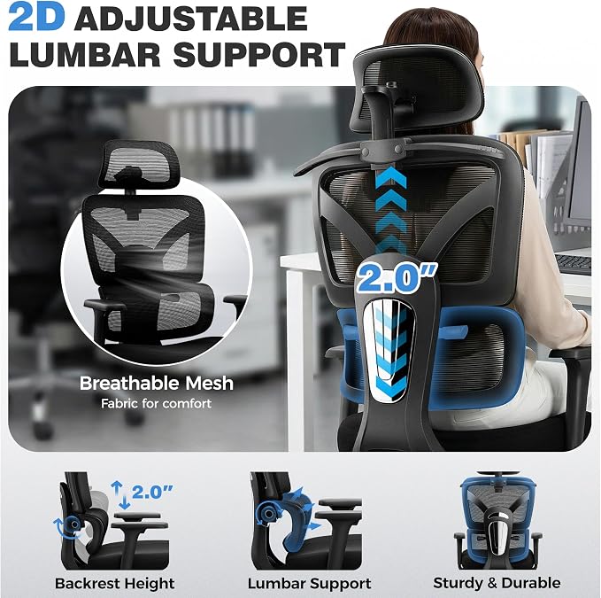 Ergonomic Office Chair, High Back Mesh Desk Chairs Comfy with Adjustable Lumbar Support, Home Computer Gaming Chair with 3D Headrest for Long Hours, 6 Pack