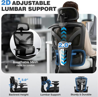 Ergonomic Office Chair, High Back Mesh Desk Chairs Comfy with Adjustable Lumbar Support, Home Computer Gaming Chair with 3D Headrest for Long Hours, 2 Pack