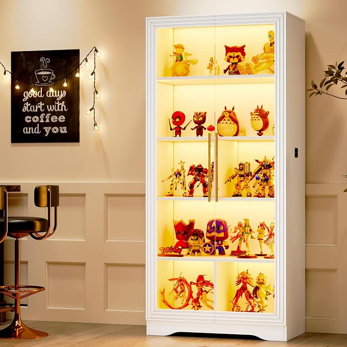 Vlsrka LED Display Cabinet with Glass Doors, Modern Storage Cabinet with 5 Tier Adjustable Shelves, Human Sensor, for Collectibles, 65" Tall Bookcase for Home Office Living Room, White