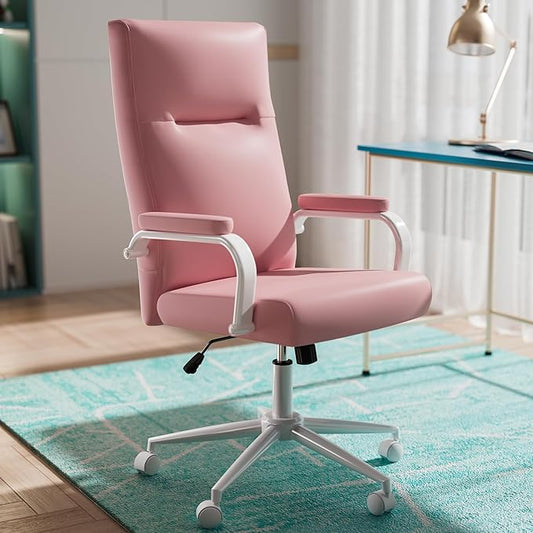 GXJ Pink Desk Chair, High Back Leather Executive Office Chair for Girl and Women, Adjustable Height Computer Desk Chairs with Wheels and Arms