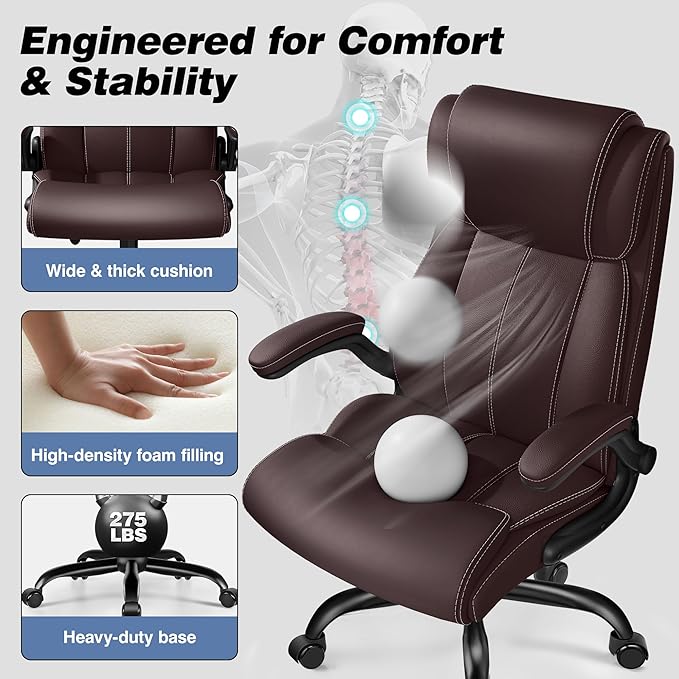 BESTFAIR Ergonomic High Back Office Chair, Adjustable Lumbar, Coffee 2 Pack | Inflatable Lumbar Support For Custom Comfort, Flip-Up Arms, 21" Wide Seat, Scratch-Resistant Pu Leather, Rocking & Heavy-Duty