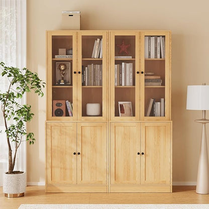 TUSY 71'' Bookshelf with Doors - 5 Tier Freestanding Tall Bookcase, Modern Storage Cabinet for Home Office, Curio Cabinets with Glass Door for Living Room, Bedroom (2, Wood)