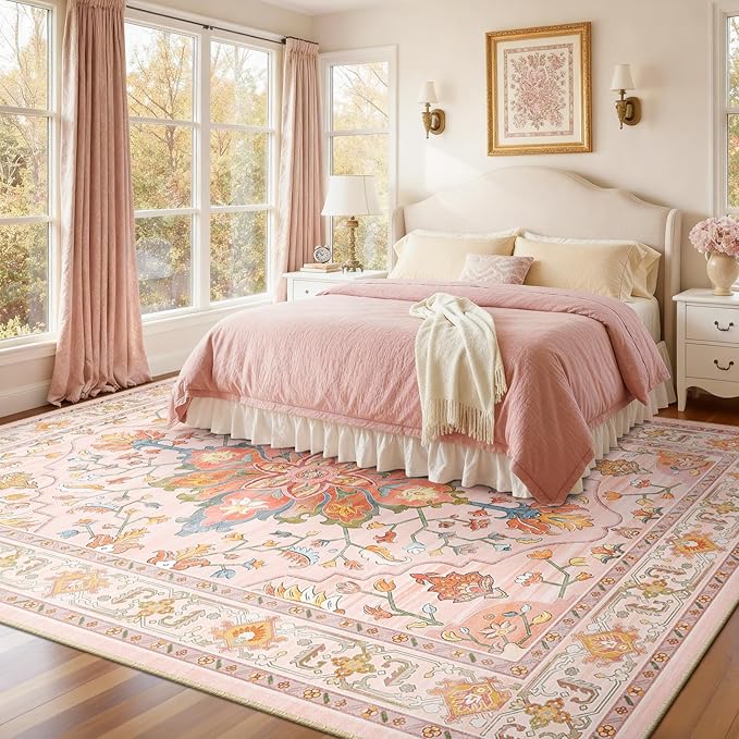 RELEANY Area Rugs Large 10'x12' Washable Non-Slip, Floral Vintage Distress Medallion Carpet for Living Room Bedroom Dining Room, Light Pink Colorful