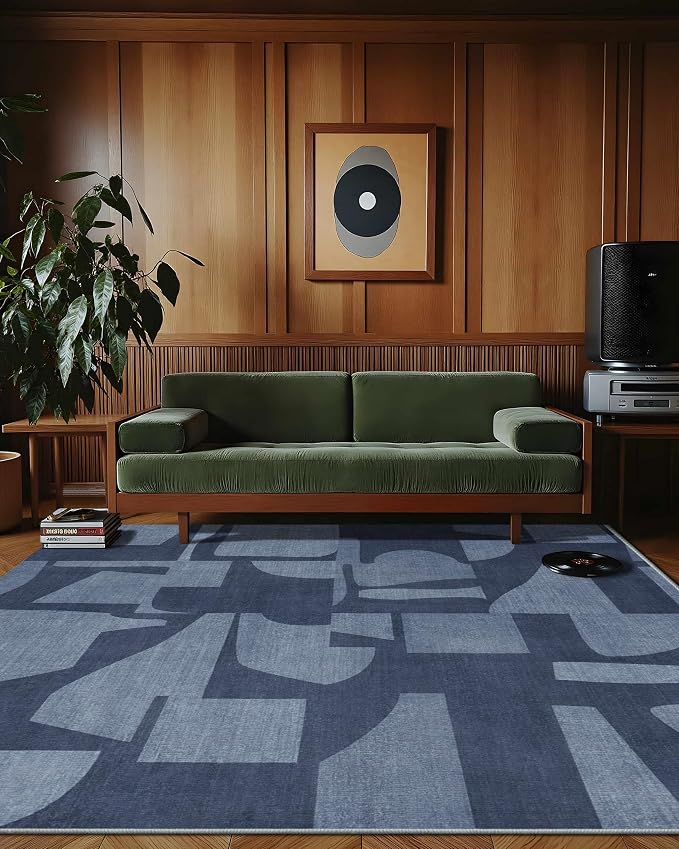 Latte&Fog 8x10 Area Rugs for Living Room, Large Modern Abstract Washable Rug, Boho Non Slip Low Pile Carpet for Indoor Bedroom Dining Room, Office, Dorm, Classroom, Farmhouse and Kids Room - Navy Blue