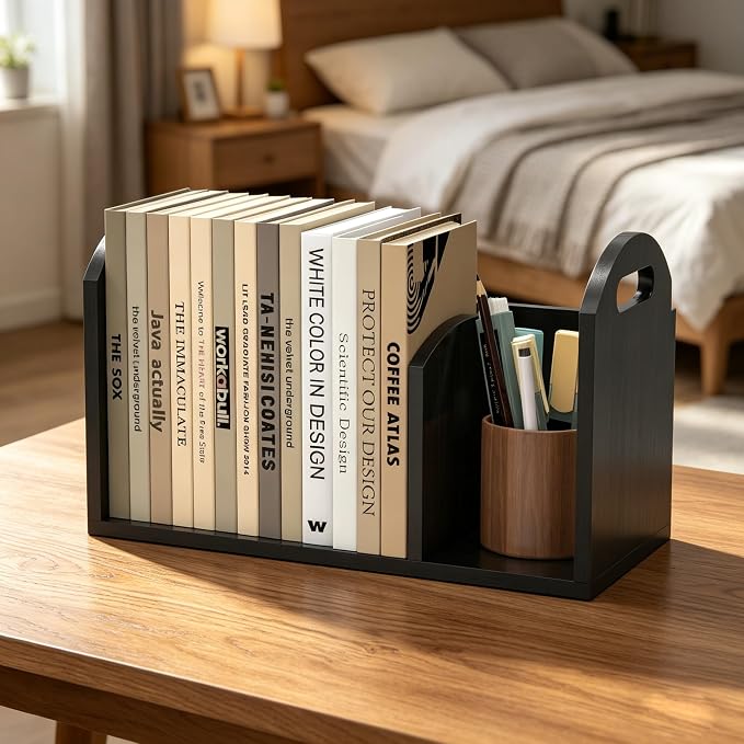 Wood Desktop Bookshelf, Upright Tabletop Book Shelf With Adjustable Divider Secure Books in Place, Desk Shelf for Top of Desk in Living Room Home Office, Perfect for Books Magazine File (Black)
