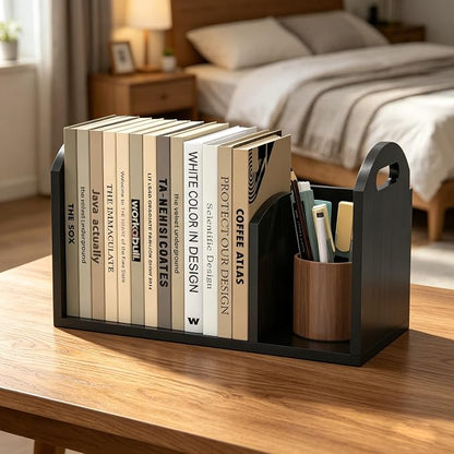 Wood Desktop Bookshelf, Upright Tabletop Book Shelf With Adjustable Divider Secure Books in Place, Desk Shelf for Top of Desk in Living Room Home Office, Perfect for Books Magazine File (Black)