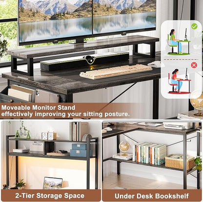 Aheaplus L Shaped Gaming Desk with Power Outlets & LED Lights, Small L- Shaped Desk Computer Corner Desk with Monitor Stand & Storage Shelf, Home Office Desk Writing Desk with Storage Bag, Grey Oak