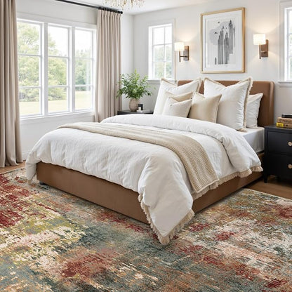 RELEANY Washable Area Rugs 8'x10' Non-Slip Modern Abstract Soft for Living Room Entryway Bedroom Kitchen, Print Pattern, Brown Rust Red Green Blue Multi
