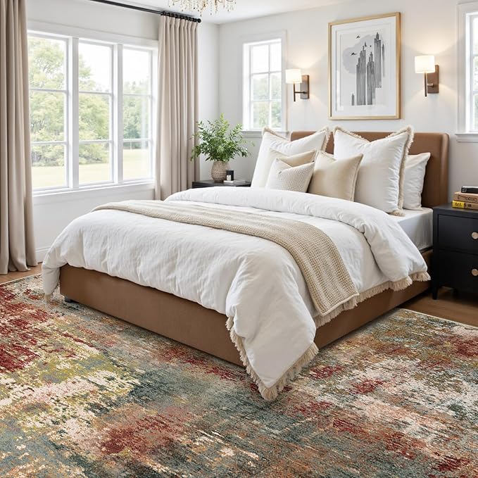 RELEANY Washable Area Rugs Square 10ft Non-Slip Modern Abstract Soft for Living Room Entryway Bedroom Kitchen, Print Pattern, Brown Rust Red Green Blue Multi
