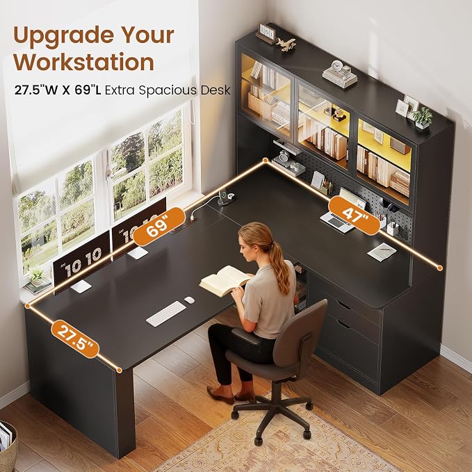 SEDETA L Shaped Computer Desk, L Shaped Corner Gaming Desk with 3 Wood Drawer and Large Bookshelf, Home Office Desk with LED Light, Display Cabinet and Pegboard, 27.5" W Large Desktop Table, Black