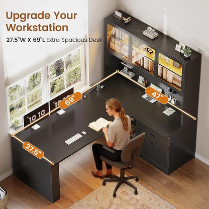 SEDETA L Shaped Computer Desk, L Shaped Corner Gaming Desk with 3 Wood Drawer and Large Bookshelf, Home Office Desk with LED Light, Display Cabinet and Pegboard, 27.5" W Large Desktop Table, Black