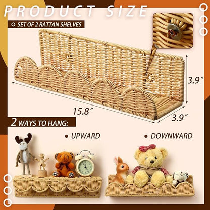 Pinkunn 4 Pcs Nursery Book Shelves 15.8 Inch Rattan Scalloped Floating Bookshelves Wicker Boho Book Shelf for Wall Mounted Decor Nursery Rooms Hanging (Classic)