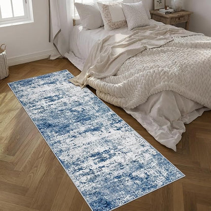 Washable Area Rug 3x8 Entryway Rug: Washable Modern Abstract Soft Thin Rug Indoor Floor No Slip Stain Resistant Carpet for Bedroom Dining Room Farmhouse Nursery Home Office - Blue